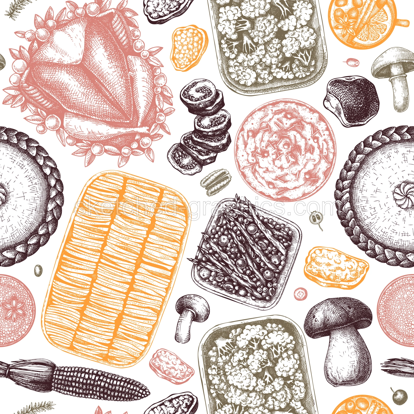 Thanksgiving day table seamless pattern. Roasted turkey, gratin, cooked vegetables, cakes and pies sketches. Traditional Thanksgiving day food. Family dinner background. Vintage backdrop Illustration